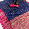 Rhapsodic Navy Blue Digital Printed Dola Silk Saree With Whimsical Blouse Piece