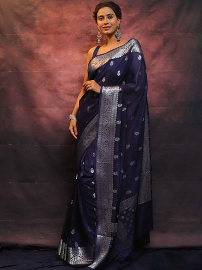 Pretty Navy Blue Soft Silk Saree With Adorning Blouse Piece