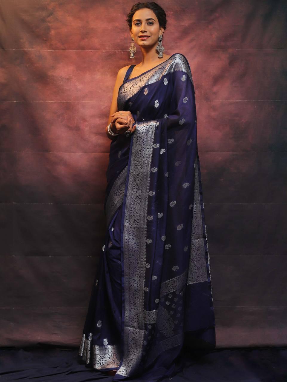 Pretty Navy Blue Soft Silk Saree With Adorning Blouse Piece