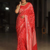 Mesmeric Red Soft Silk Saree With Blooming Blouse Piece