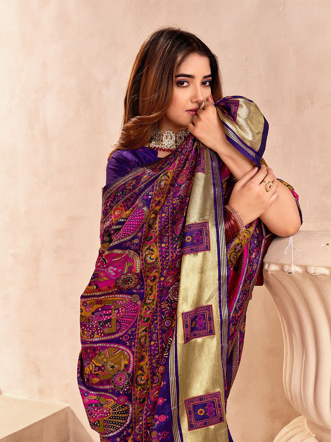 Ethnic Blue Nylon Dola Pashmina Saree With Assemblage Blouse Piece