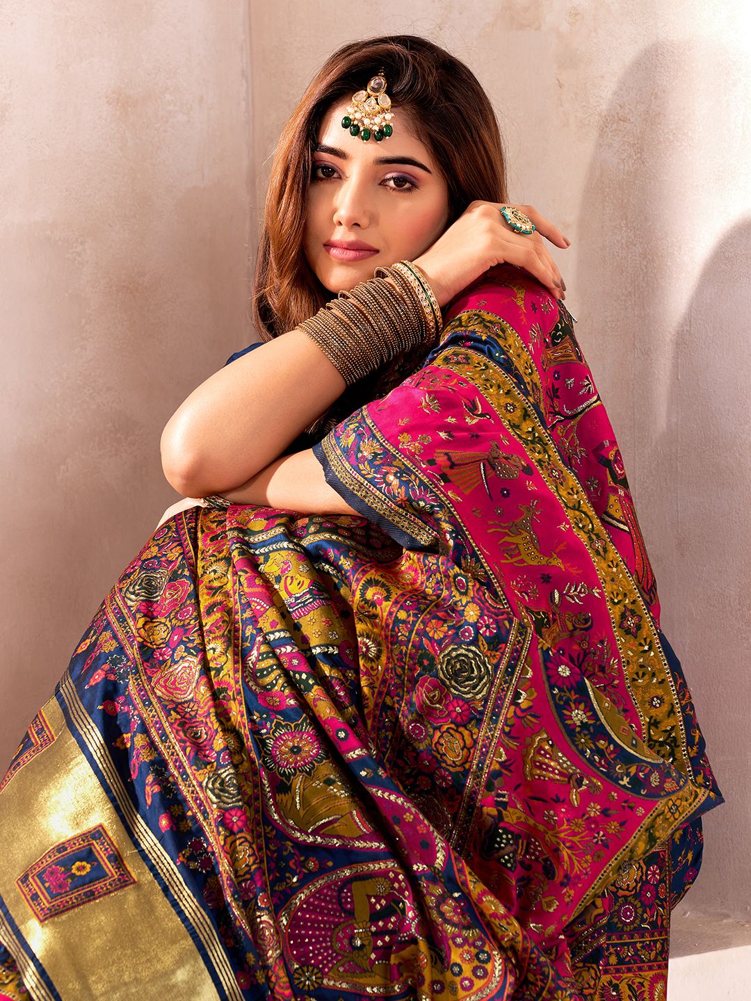 Radiant Navy Blue Nylon Dola Pashmina Saree With Luminous Blouse Piece