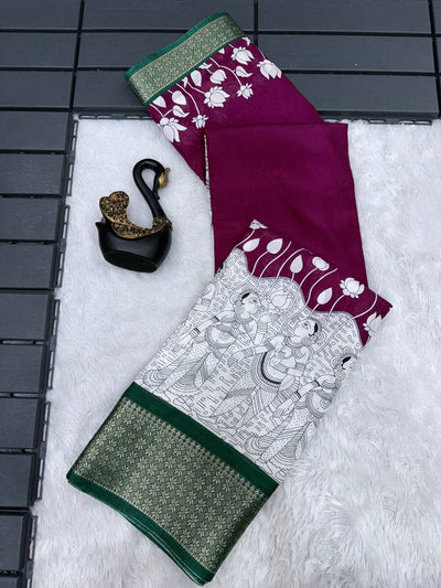 Cynosure Purple Digital Printed Dola Silk Saree With Ephemeral Blouse Piece