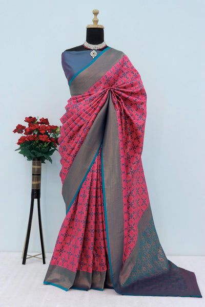 Intricate Dark Pink Soft Banarasi Silk Saree With Desiring Blouse Piece