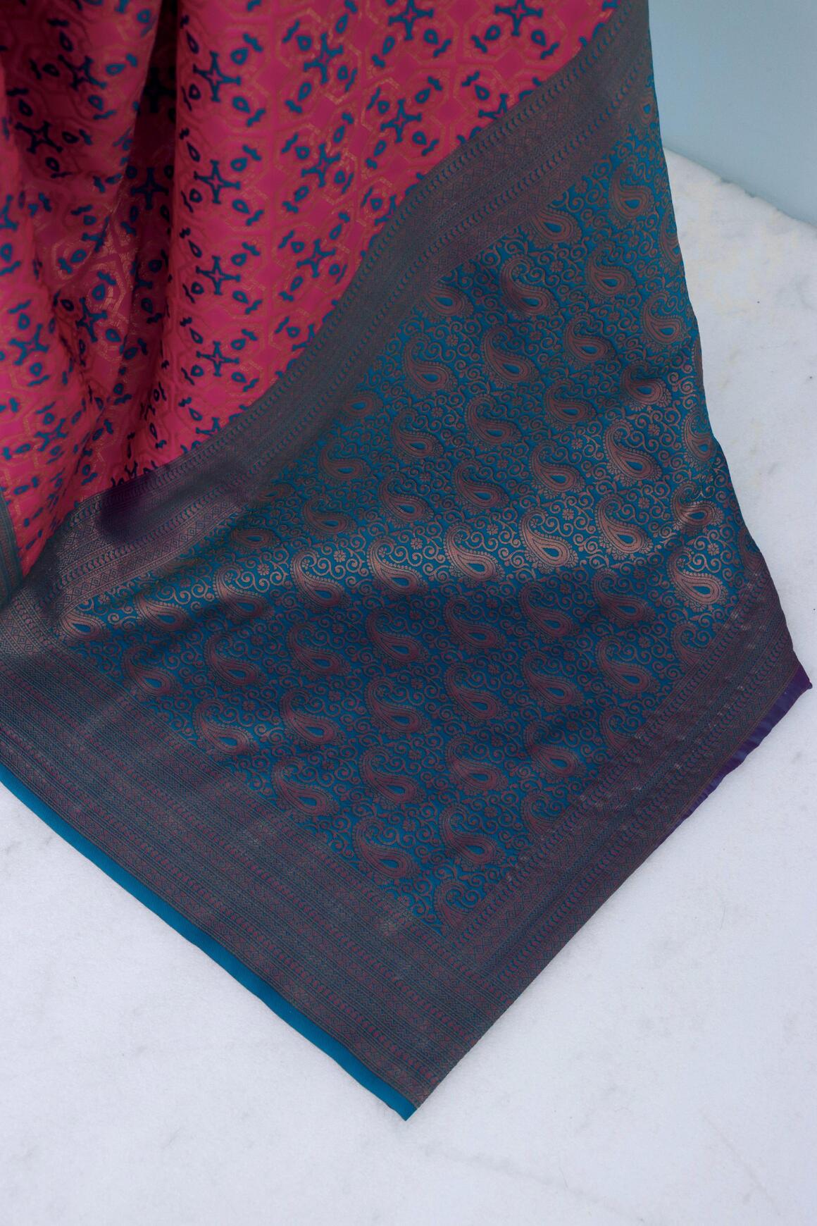 Intricate Dark Pink Soft Banarasi Silk Saree With Desiring Blouse Piece