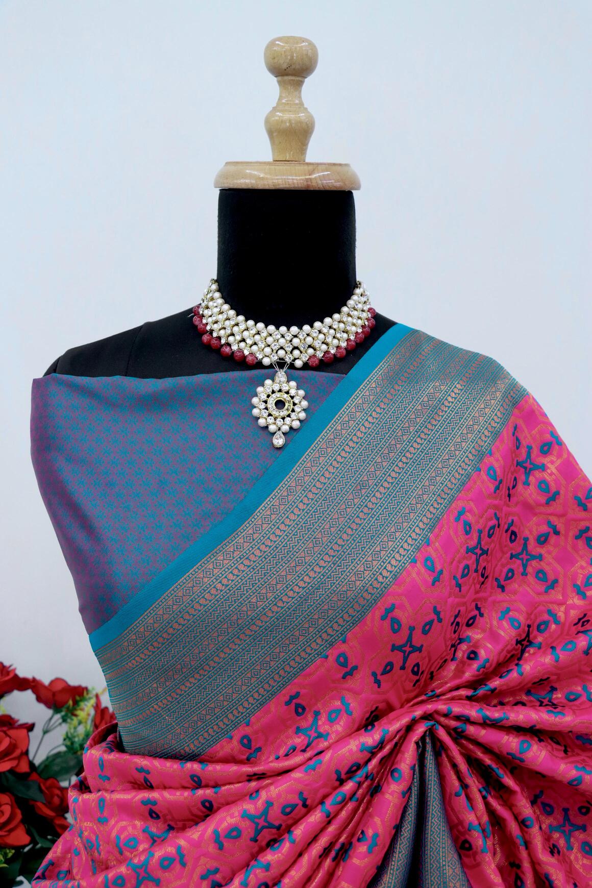 Intricate Dark Pink Soft Banarasi Silk Saree With Desiring Blouse Piece