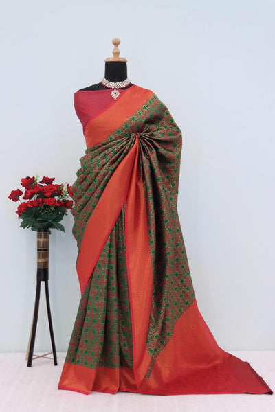 Ravishing Green Soft Banarasi Silk Saree With Blissful Blouse Piece