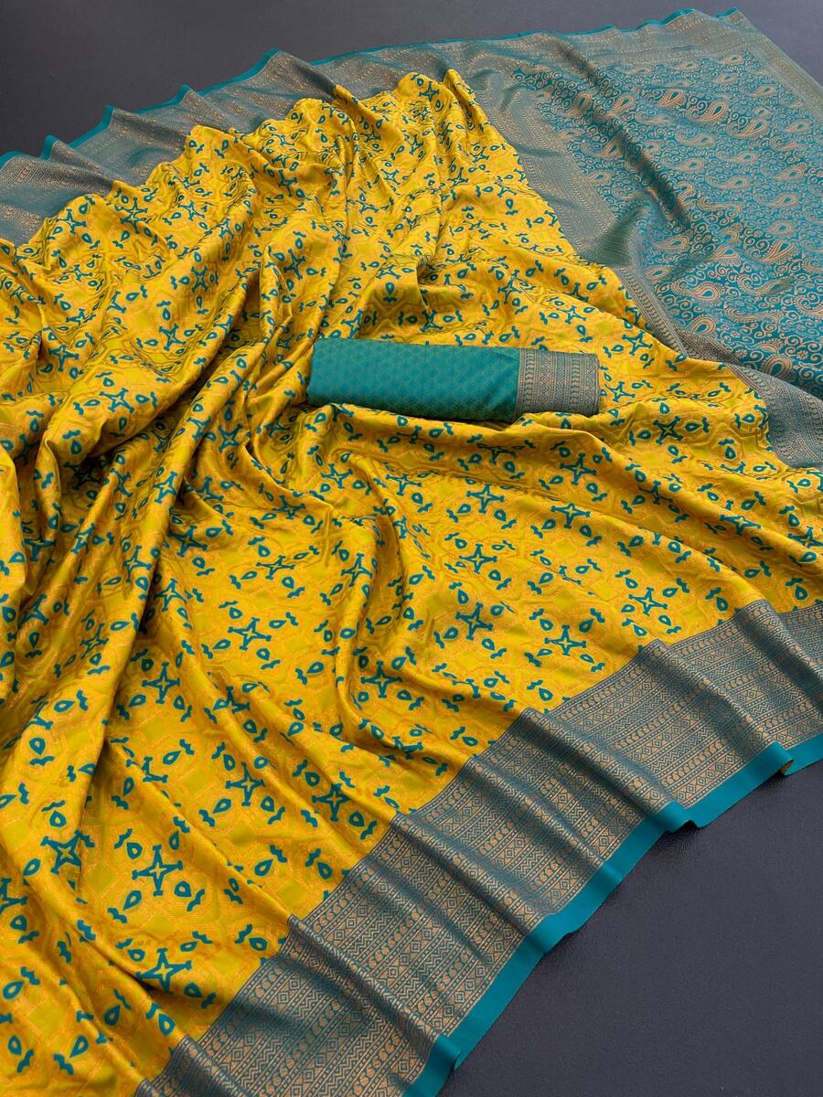 Imbrication Yellow Soft Banarasi Silk Saree With Propinquity Blouse Piece