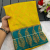 Exceptional Mustard Soft Banarasi Silk Saree With Twirling Blouse Piece