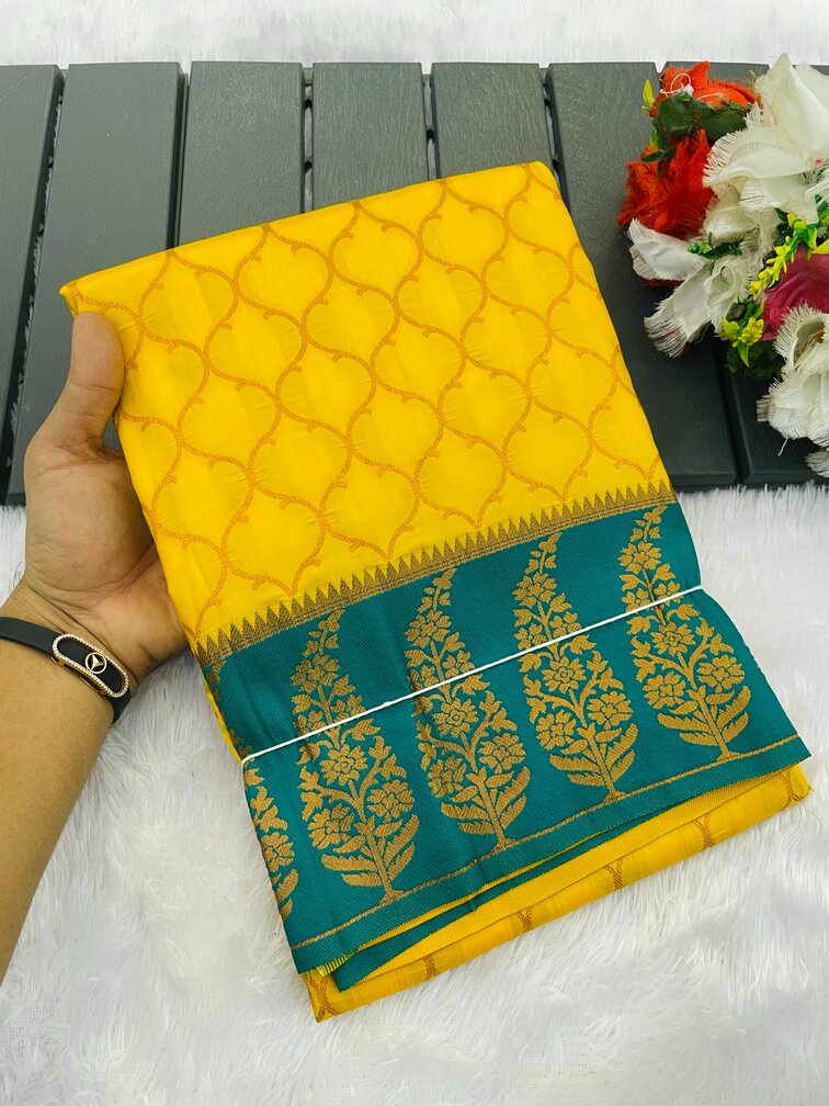 Snappy Yellow Soft Banarasi Silk Saree With Supernal Blouse Piece