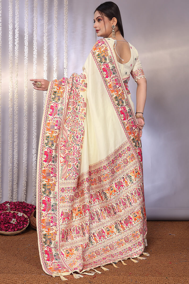Gossamer Beige Pashmina Saree With Stylish Blouse Piece