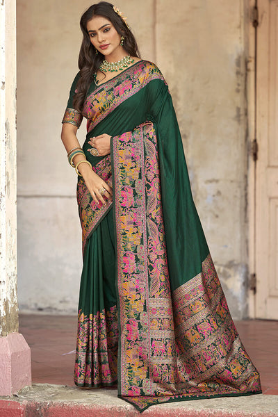 Flattering Dark Green Pashmina Saree With Mellifluous Blouse Piece