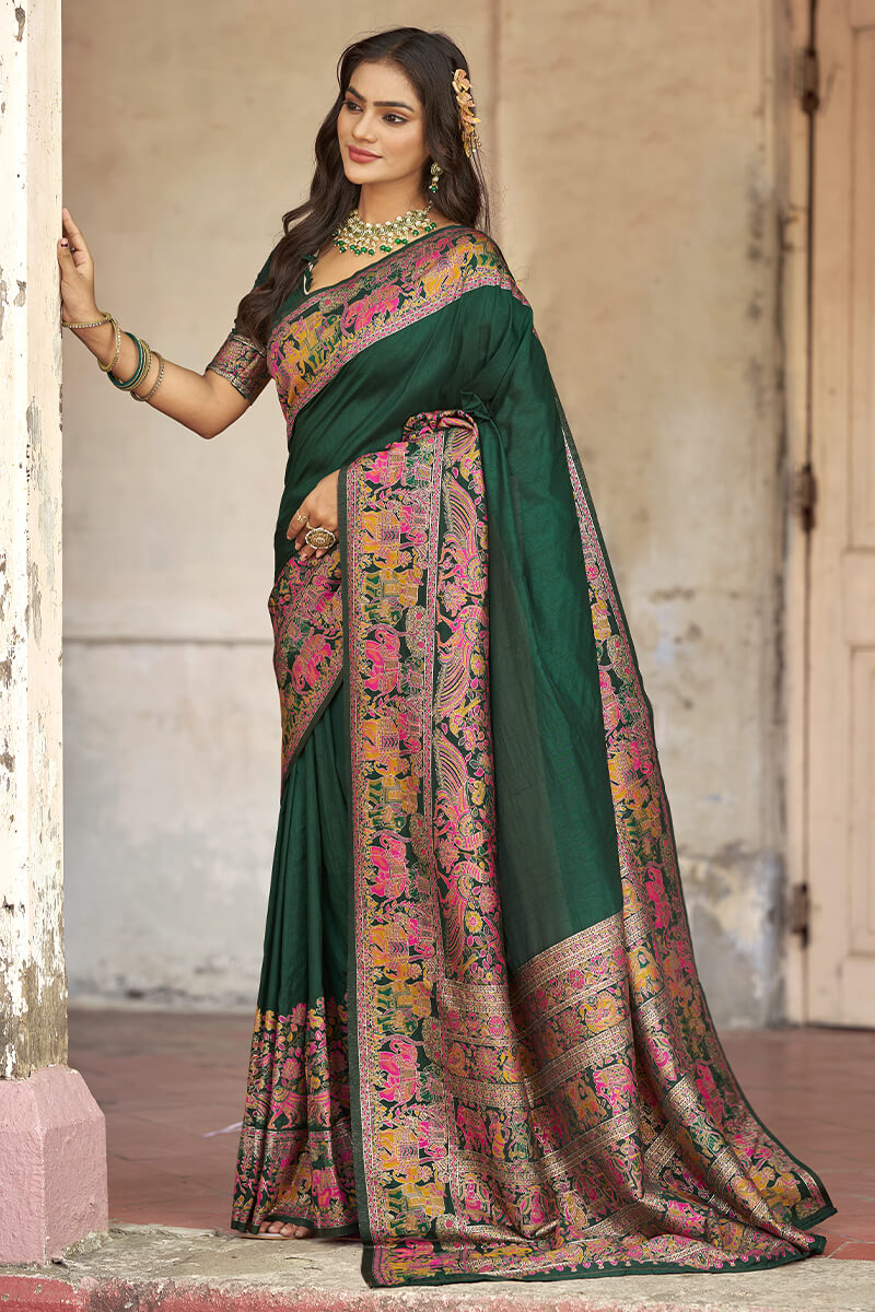 Flattering Dark Green Pashmina Saree With Mellifluous Blouse Piece