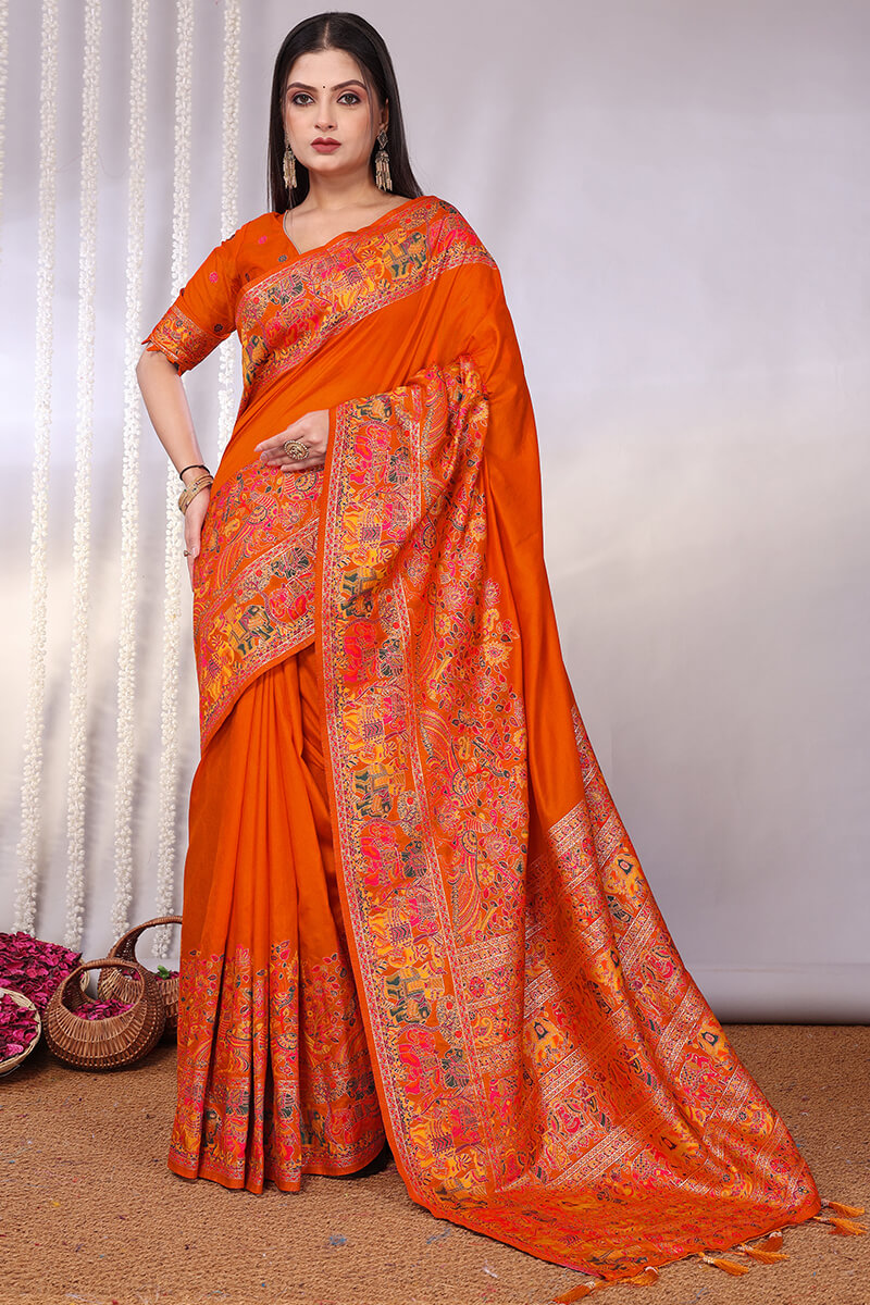 Vibrant Orange Pashmina Saree With Panache Blouse Piece