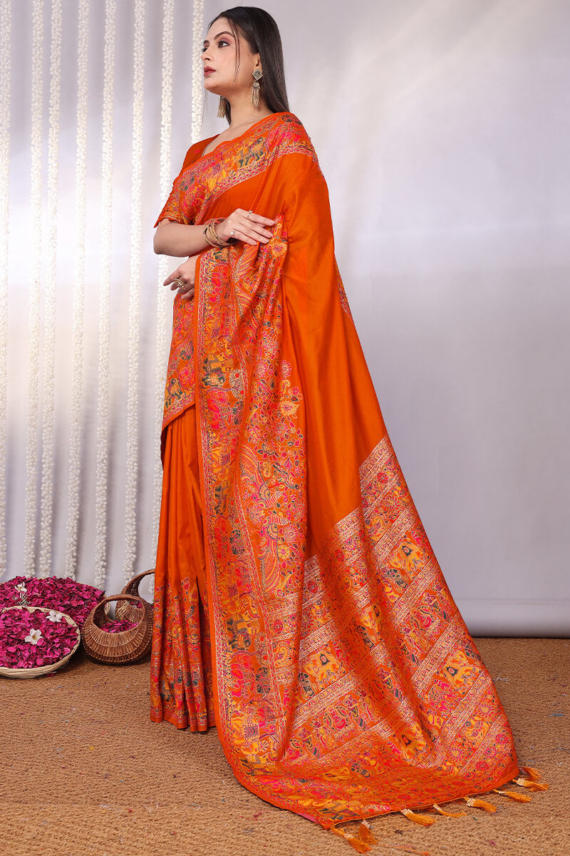 Vibrant Orange Pashmina Saree With Panache Blouse Piece