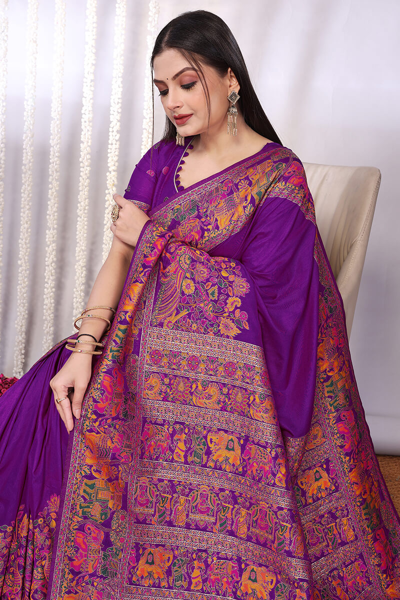 Pretty Purple Pashmina Saree With Nebula Blouse Piece