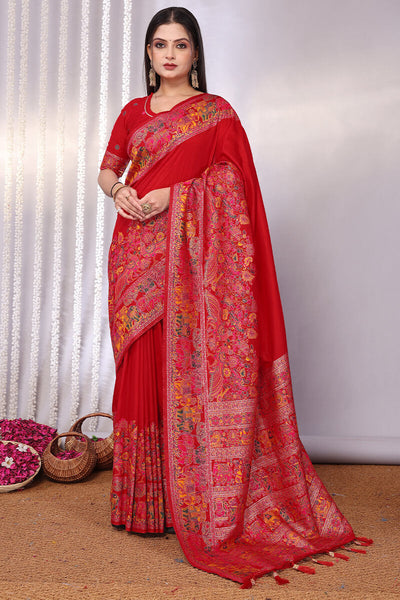 Dazzling Red Pashmina Saree With Fugacious Blouse Piece