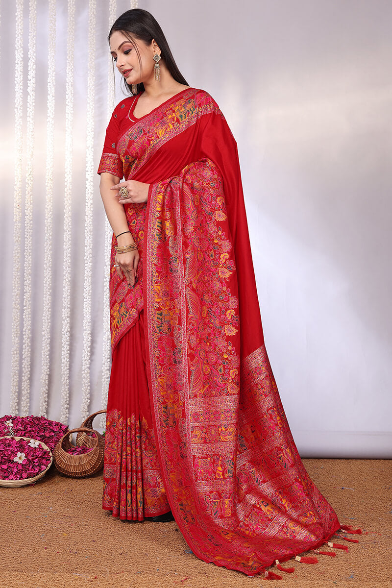 Dazzling Red Pashmina Saree With Fugacious Blouse Piece