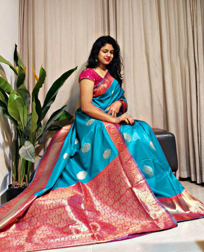 Radiant Firozi Soft Banarasi Silk Saree With Prettiest Blouse Piece