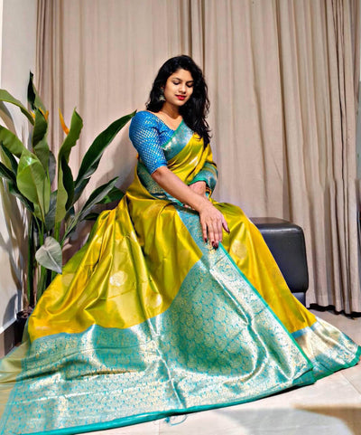 Bewitching Mustard Soft Banarasi Silk Saree With Dalliance Blouse Piece