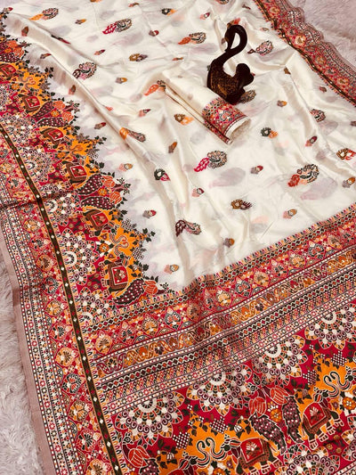 Glamorous Beige Pashmina Saree With Pulsating Blouse Piece