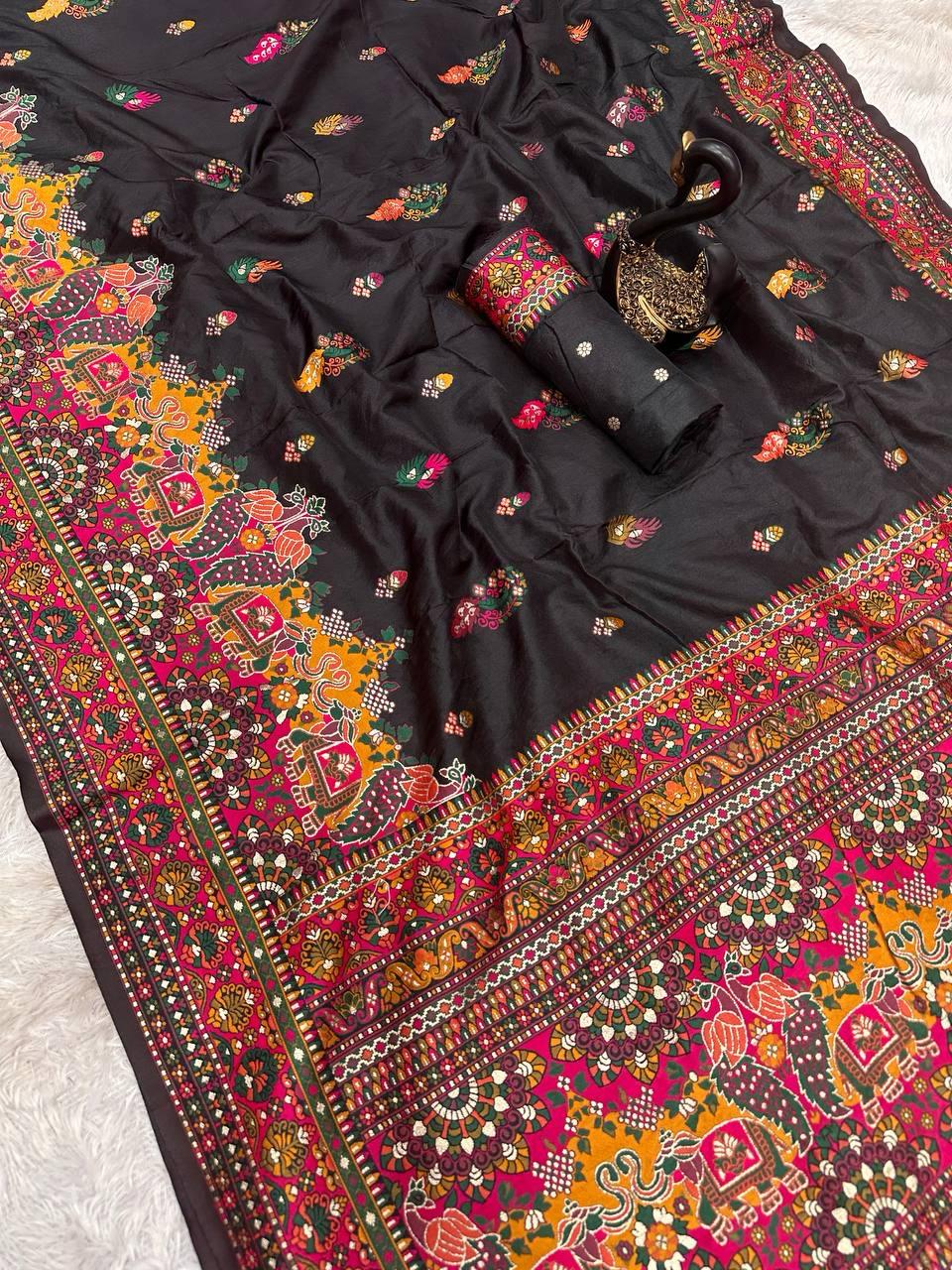 Adorning Black Pashmina Saree With Brood Blouse Piece
