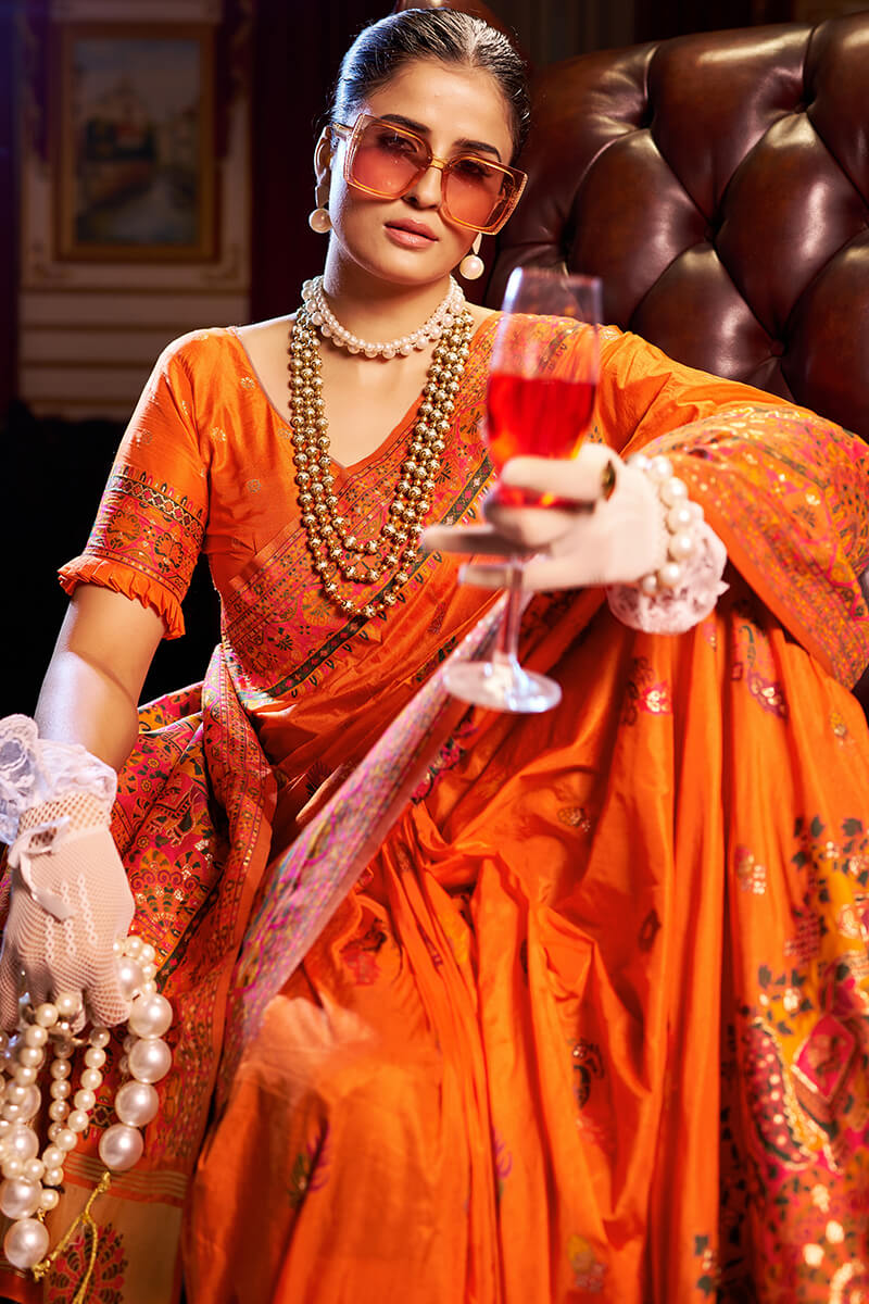 Fragrant Orange Pashmina Saree With Wonderful Blouse Piece