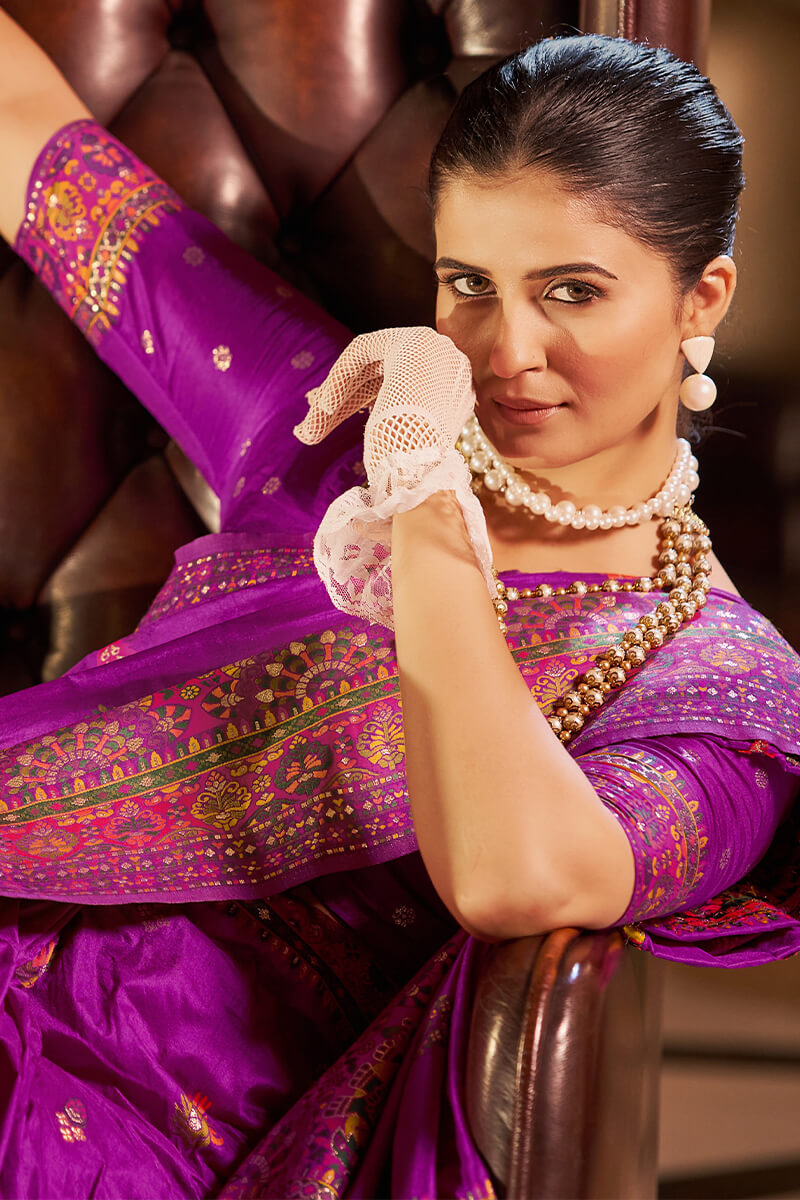 Felicitous Purple Pashmina Saree With Ephemeral Blouse Piece