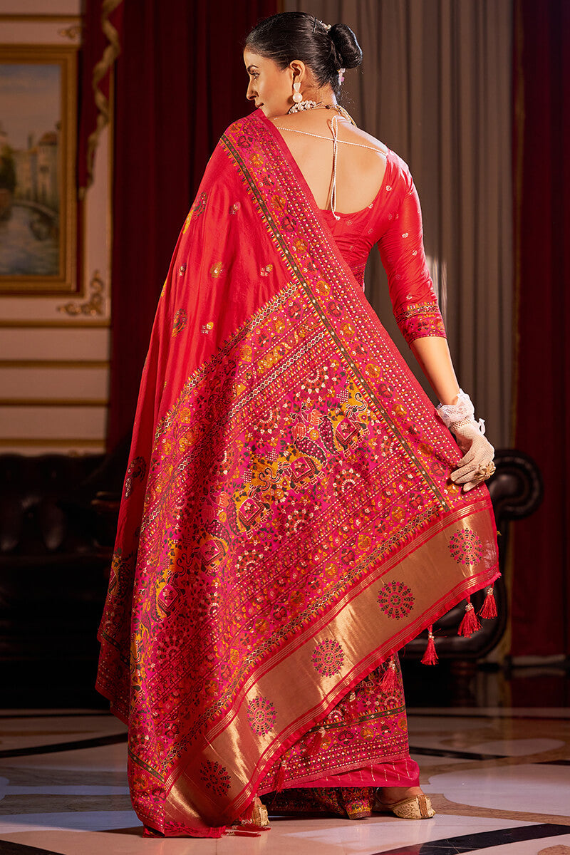 Piquant Red Pashmina Saree With Bucolic Blouse Piece