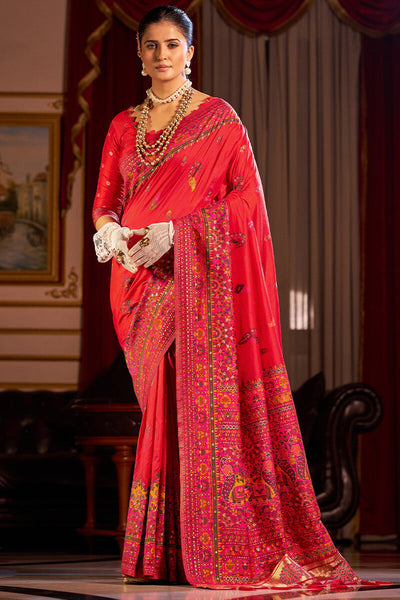 Piquant Red Pashmina Saree With Bucolic Blouse Piece