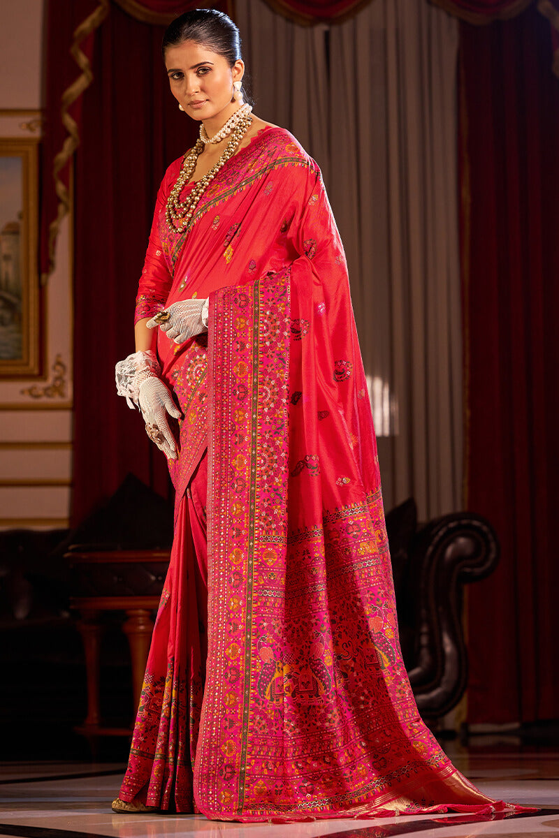 Piquant Red Pashmina Saree With Bucolic Blouse Piece