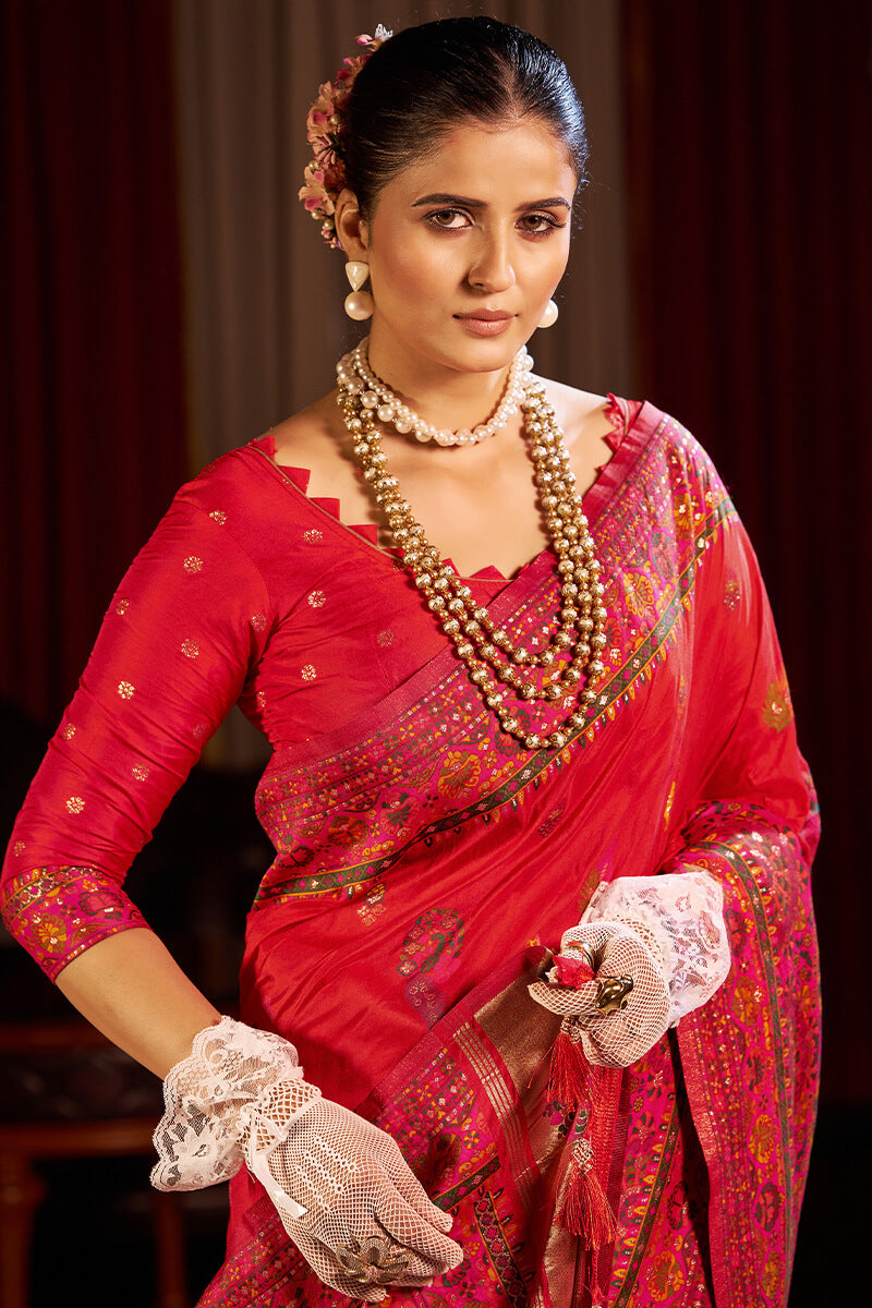 Piquant Red Pashmina Saree With Bucolic Blouse Piece