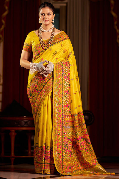 Exceptional Yellow Pashmina Saree With Pleasurable Blouse Piece