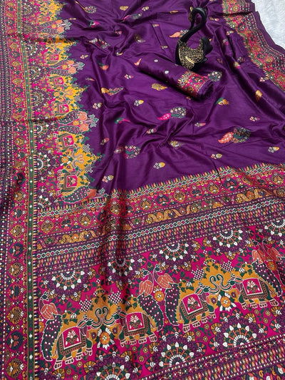 Entrancing Purple Pashmina Saree With Beleaguer Blouse Piece