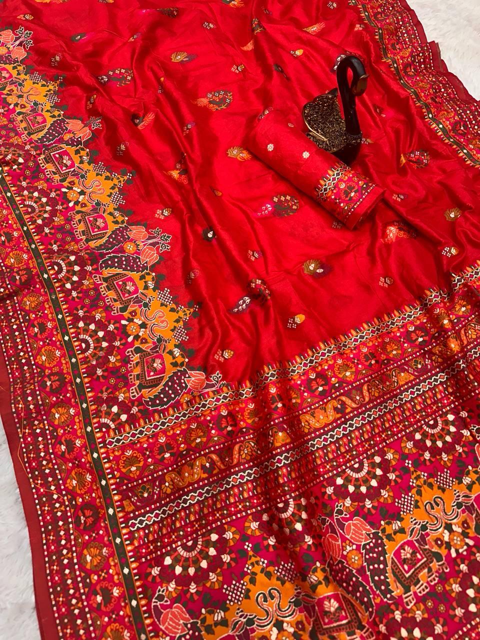 Outstanding Red Pashmina Saree With Majesty Blouse Piece