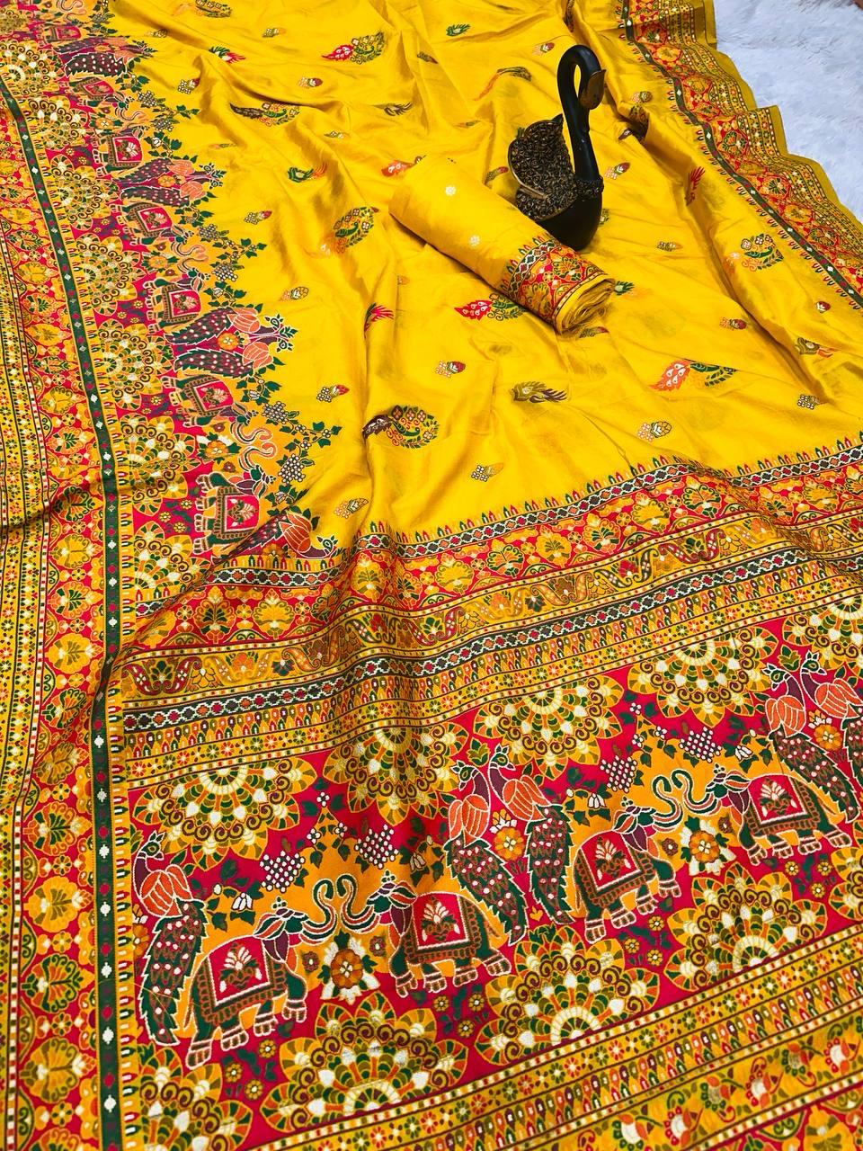 Ethereal Yellow Pashmina Saree With Innovative Blouse Piece