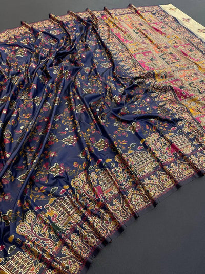 Proficient Navy Blue Pashmina Saree With Stunner Blouse Piece