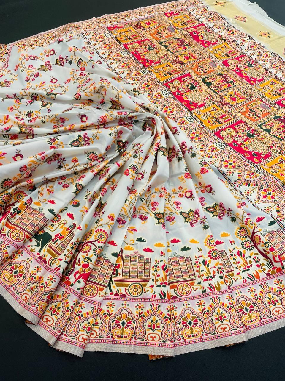 Charismatic Off White Pashmina Saree With Majestic Blouse Piece