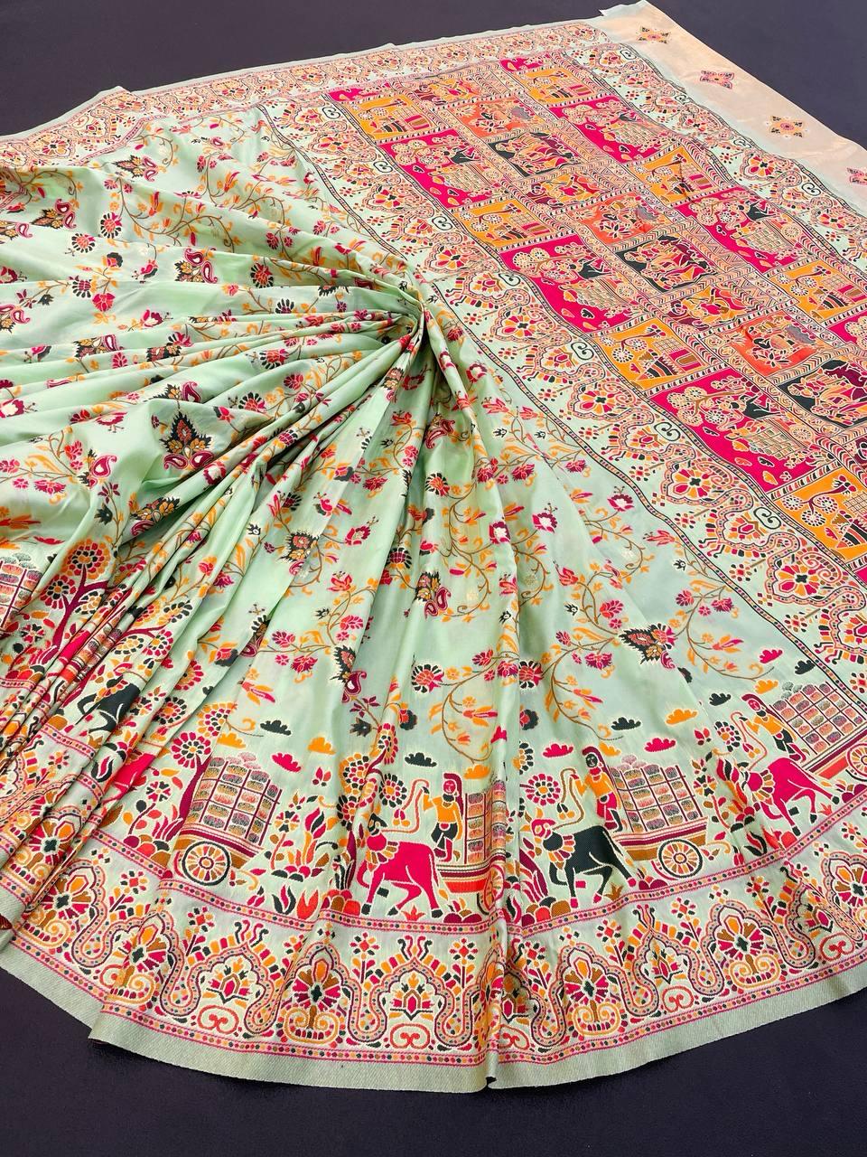 Woebegone Pista Pashmina Saree With Flattering Blouse Piece