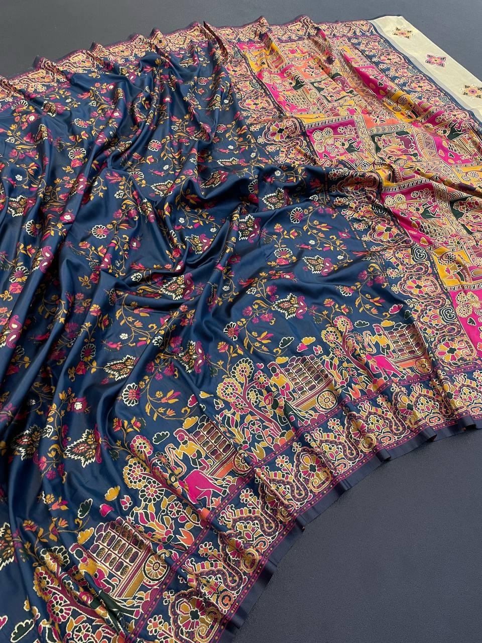 Exceptional Rama Pashmina Saree With Ravishing Blouse Piece