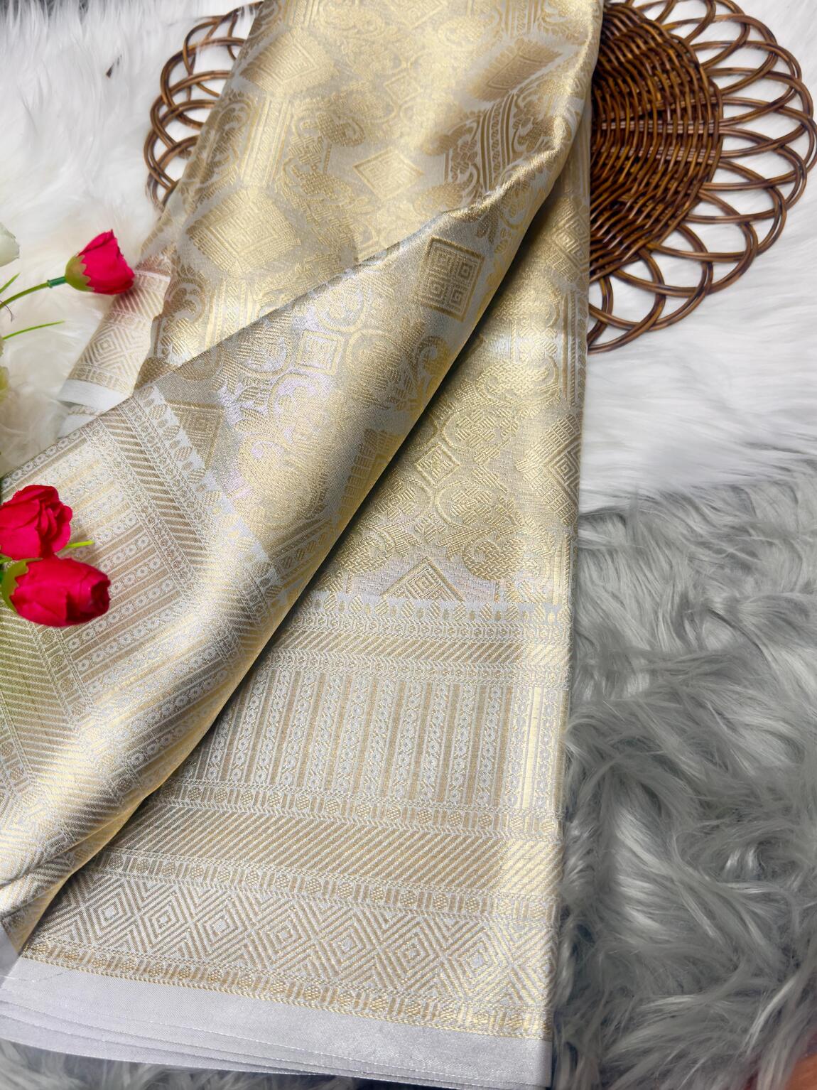 Bollywood Style Silver Soft Tissue Silk Saree With Resonant Blouse Piece