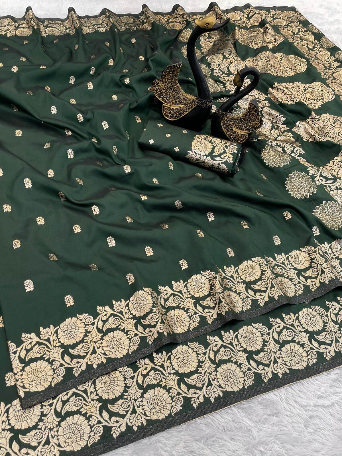 Petrichor Dark Green Soft Banarasi Silk Saree With Ideal Blouse Piece
