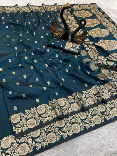 Enamoring Teal Blue Soft Banarasi Silk Saree With Desirable Blouse Piece
