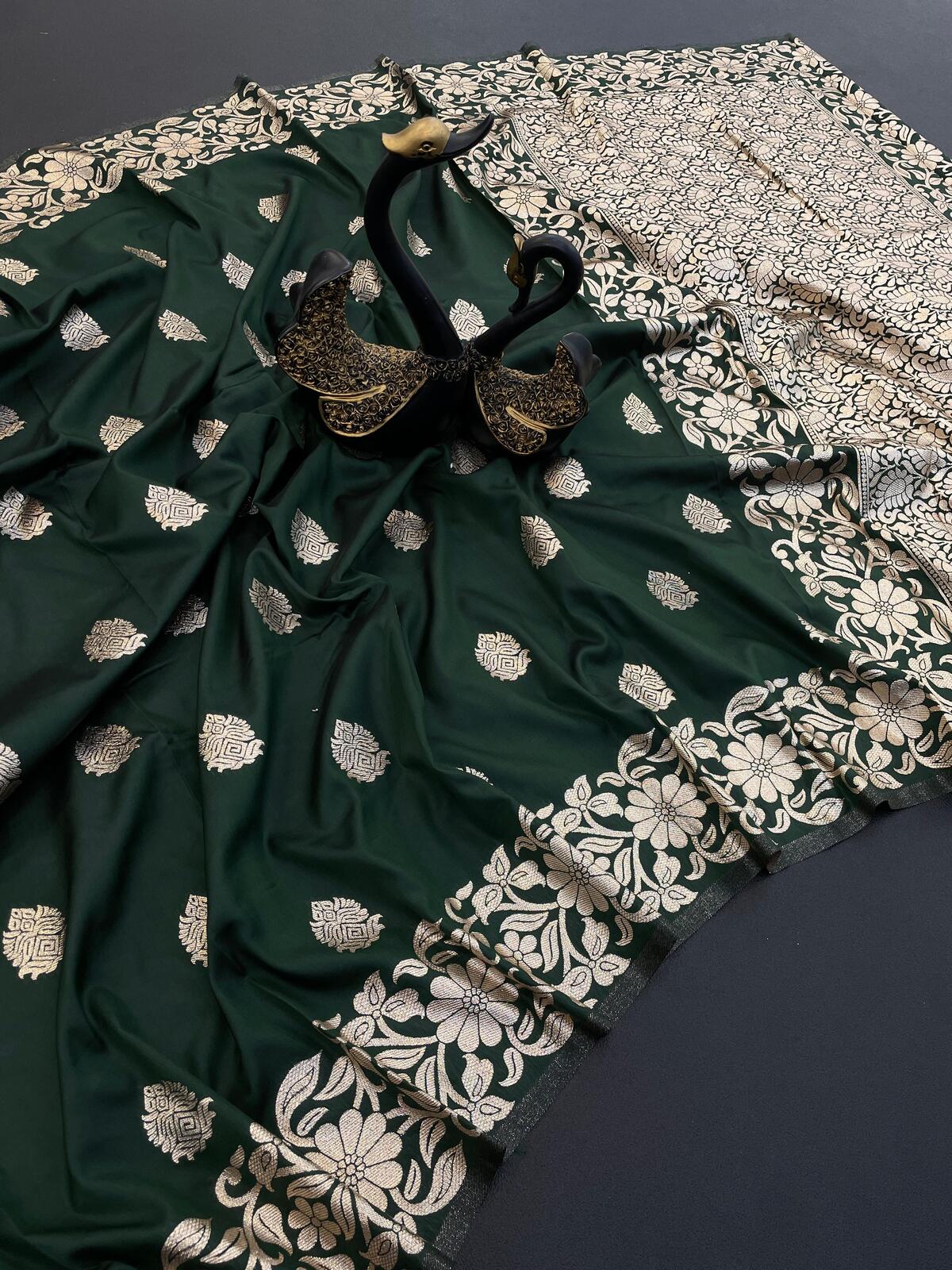 Radiant Dark Green Soft Banarasi Silk Saree With Exquisite Blouse Piece
