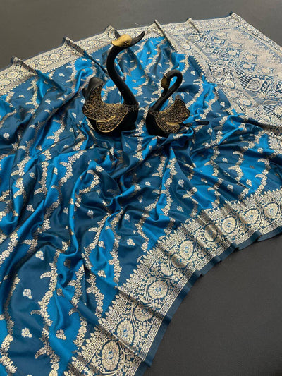 Delightful Blue Soft Banarasi Silk Saree With Elision Blouse Piece