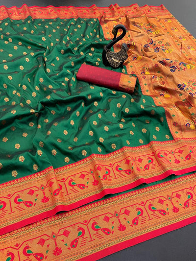 Incredible Dark Green Paithani Silk Saree With Transcendent Blouse Piece