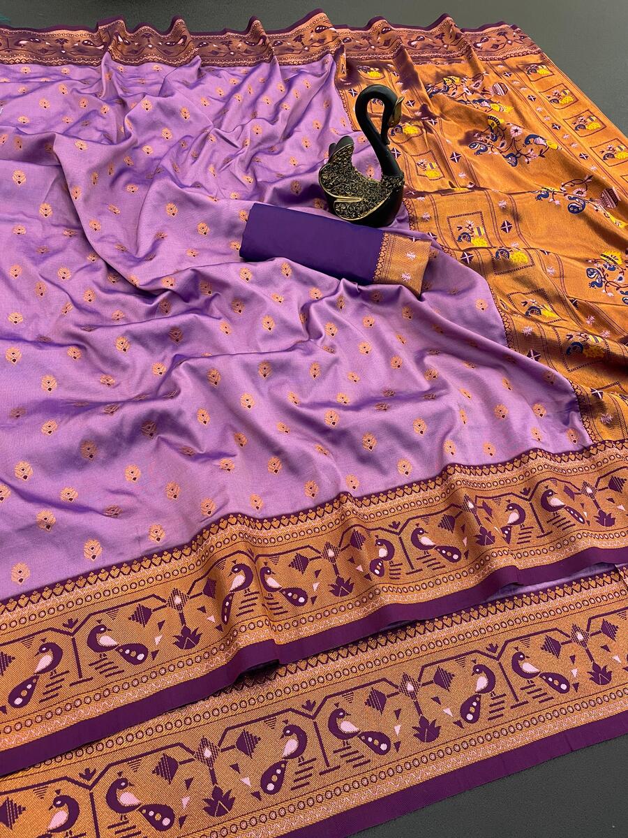 Charismatic Lavender Paithani Silk Saree With Pleasurable Blouse Piece