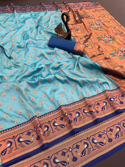 Ebullience Sky Paithani Silk Saree With Fantabulous Blouse Piece