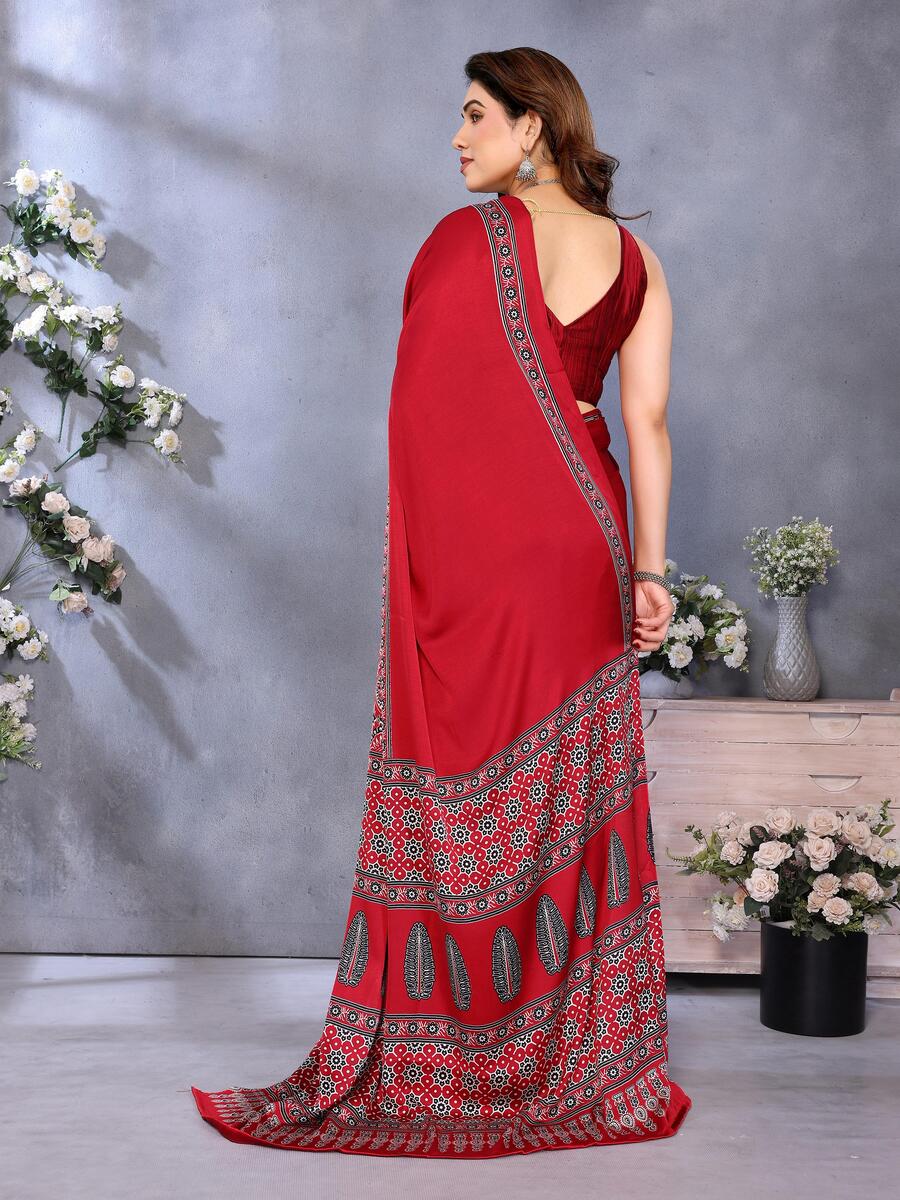 Girlish Red Ajrak Printed Soft Silk Saree With Ephemeral Blouse Piece