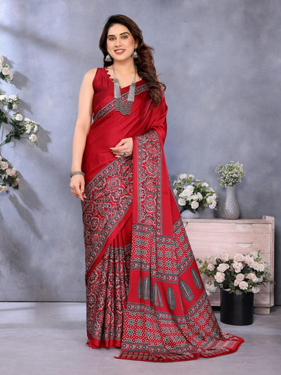 Girlish Red Ajrak Printed Soft Silk Saree With Ephemeral Blouse Piece